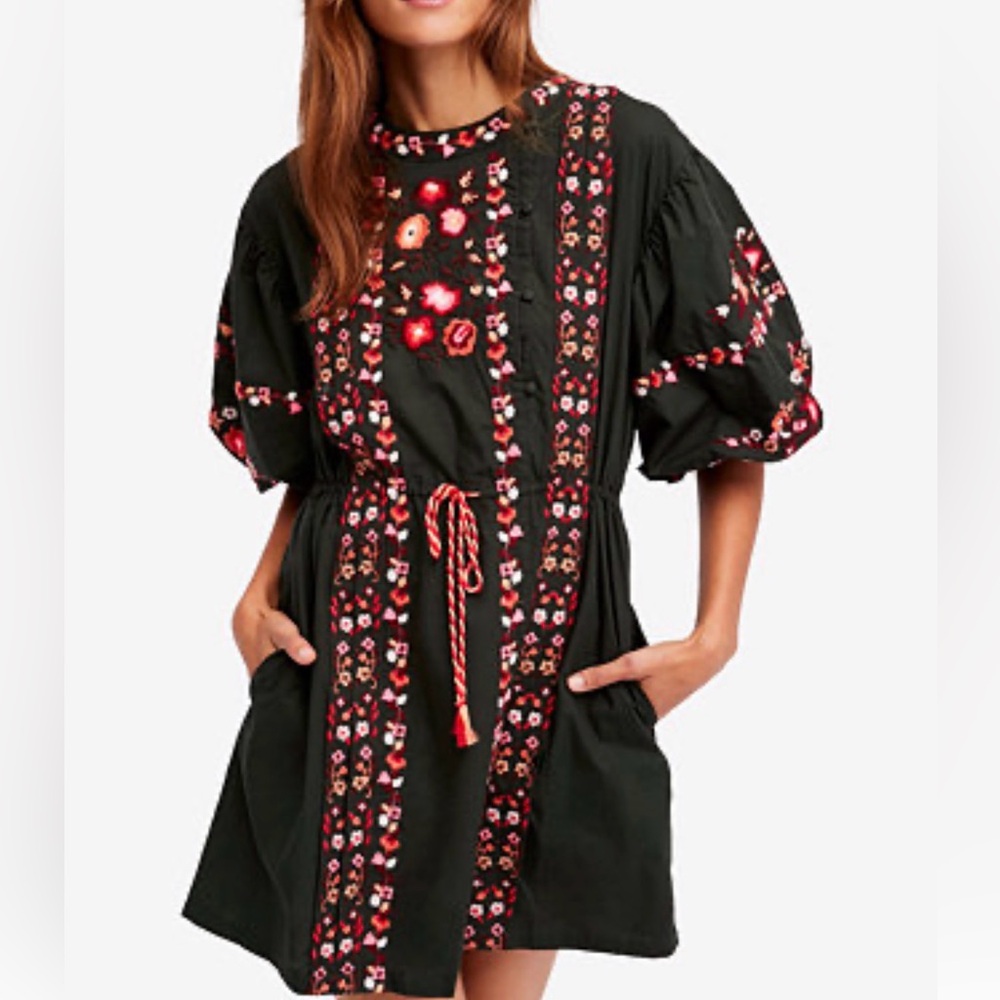 Free People Havana Asymmetrical Embroidered Peasant Dress Dark Green Medium NEW‎